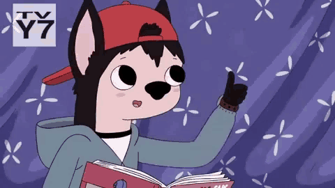 a cartoon of a dog reading a book with the tv y7 logo behind him