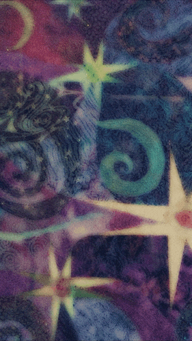 a painting of stars and swirls on a purple and blue background