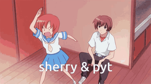 a cartoon of a girl and a boy with the words sherry & pyt written below them