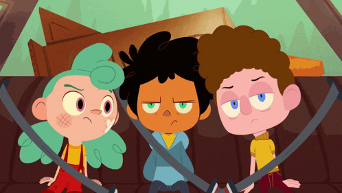 three cartoon characters are sitting in a car with seat belts