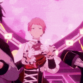 a man with pink hair is standing in front of a pink heart