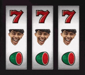 a slot machine with three watermelons and a man 's face