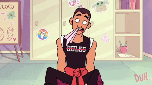 a cartoon of a man wearing a rules shirt