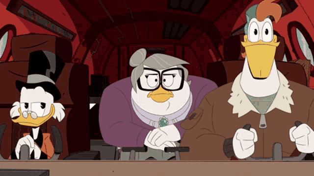 three cartoon ducks are sitting in a plane