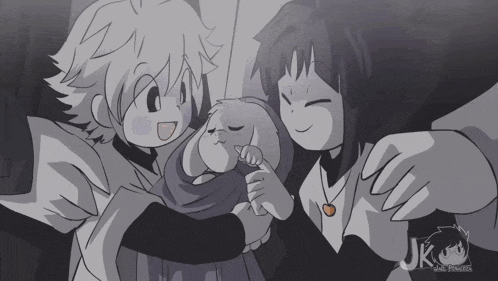 a black and white drawing of a family with the name jk on the bottom left