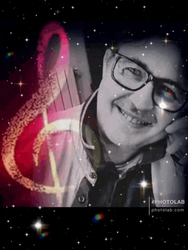 a photo of a man with glasses and a treble clef in the background