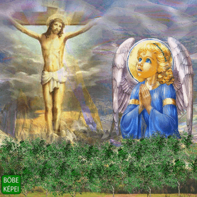 a painting of jesus on the cross with an angel in front of it