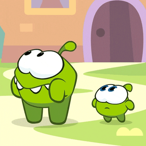 two green cartoon characters standing next to each other in front of a building