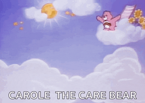 carole the care bear is flying through the clouds with a rainbow in the background .