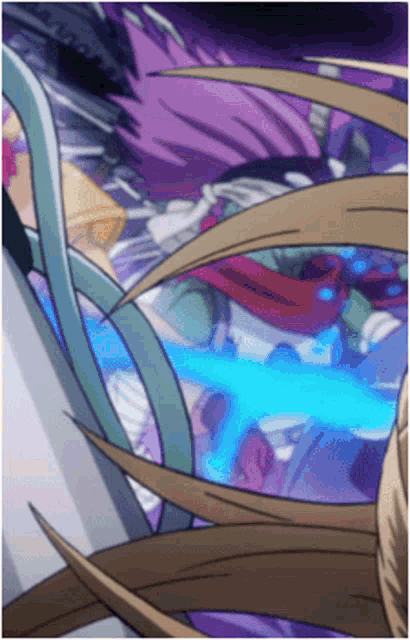 a close up of a cartoon character with a blue sword