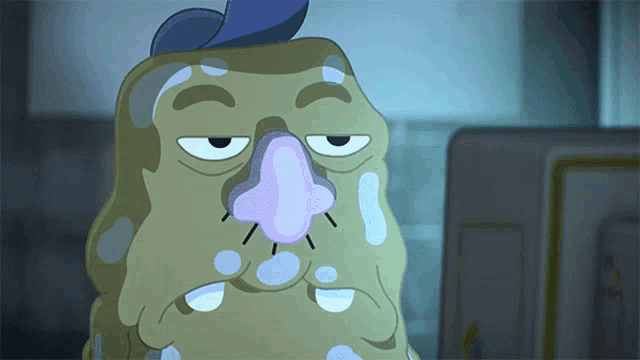 a cartoon character with a blue hat and a purple nose