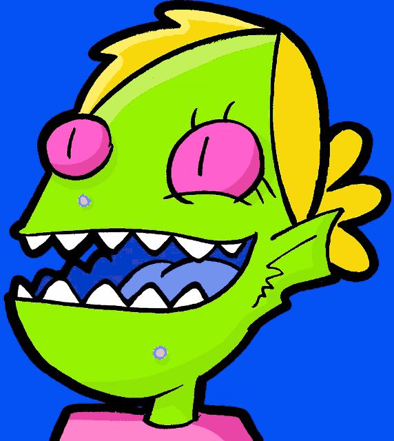 a cartoon drawing of a green monster with pink eyes and sharp teeth
