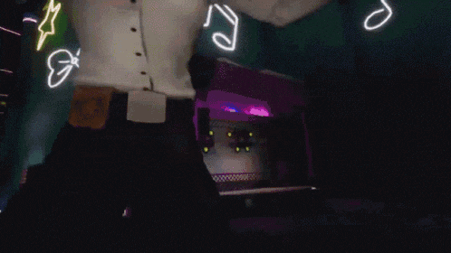 a woman in a security uniform is dancing in a dark room with neon lights