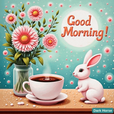 a bunny rabbit sits next to a cup of coffee and a vase of pink flowers