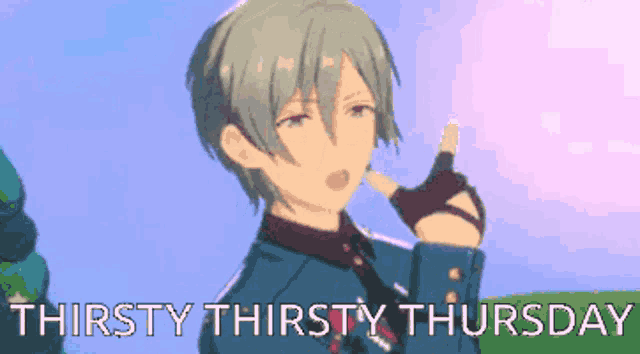 a cartoon of a boy with the words thirsty thirsty thursday behind him