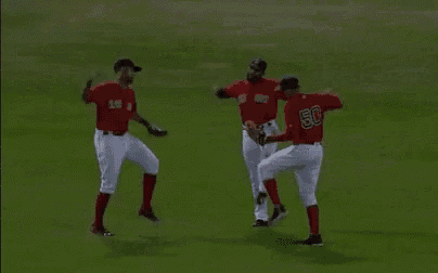 a group of baseball players are standing on a field .