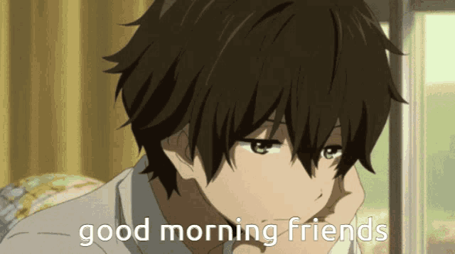 a picture of a boy with the words good morning friends on the bottom
