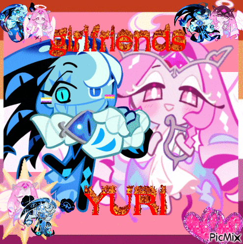a picture of two cartoon characters with the words girlfriends yuri in red