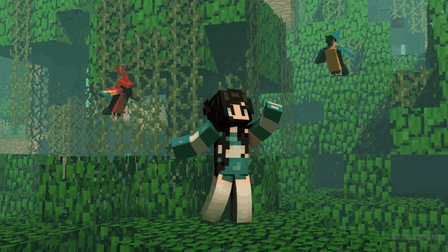 a girl in a blue and white striped shirt is standing in a minecraft scene