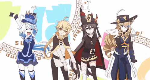 a group of anime characters are standing next to each other and one of them has the letter e on her outfit