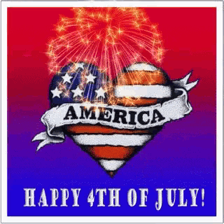 a happy 4th of july greeting card with fireworks and a heart that says america