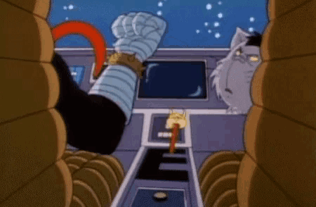 a cartoon character with a fist in the air with the letter e behind him