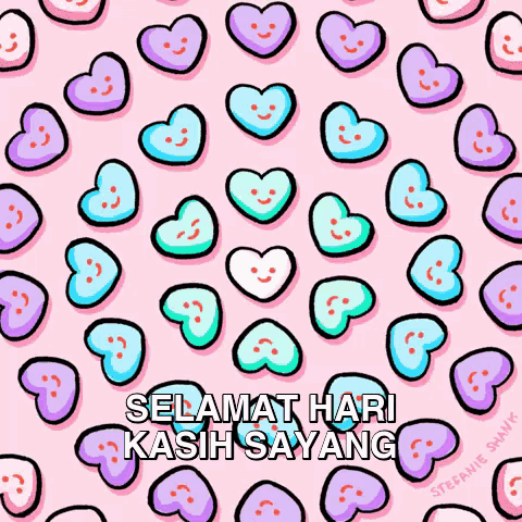 a pattern of hearts with faces on them on a pink background