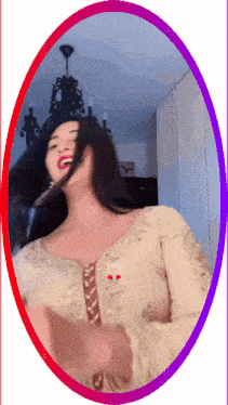 a woman in a gold dress is dancing in front of a purple and red border