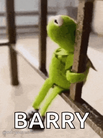 kermit the frog is sitting on a railing holding onto a railing and says barry .