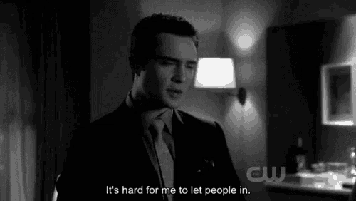 a black and white photo of a man with the words " it 's hard for me to let people in "