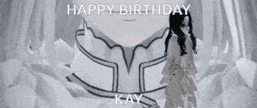 a girl in a white dress is standing in front of a white background with the words happy birthday kay