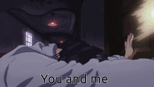 a person laying on a bed with the words " you and me " below them