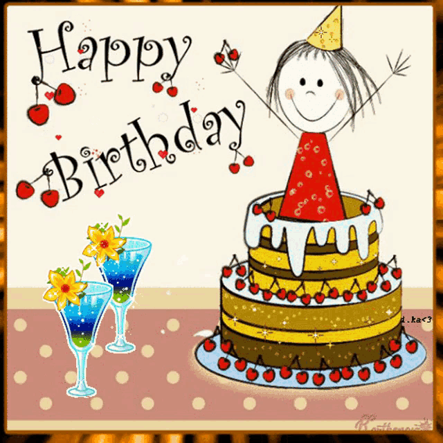 a birthday card with a girl and a cake