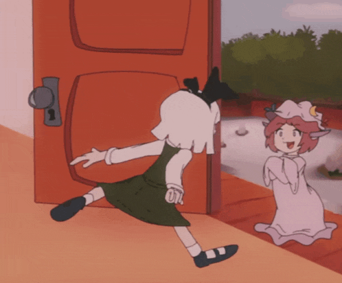 a cartoon girl in a green dress is standing in front of an orange door