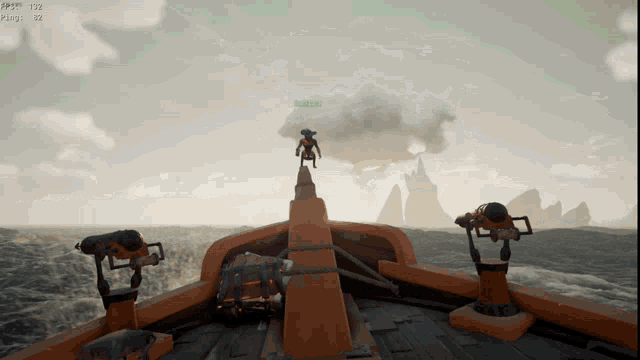 a screenshot of a video game shows a pirate standing on top of a cannon with a cloud behind him