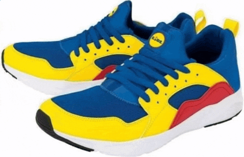 a pair of blue and yellow shoes with the lidl logo on them
