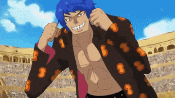 a man with blue hair is wearing a jacket with the number 8 on the sleeves