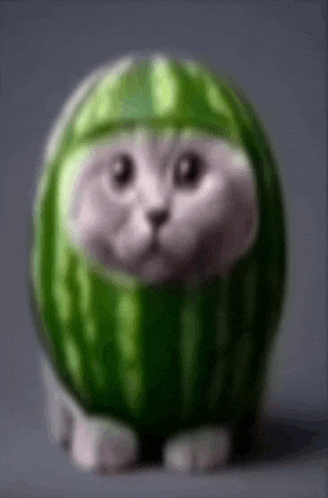 a cat is wearing a watermelon hat and sitting in a watermelon .