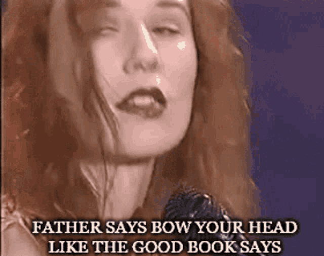 a woman singing into a microphone with the words " father says bow your head like the good book says "