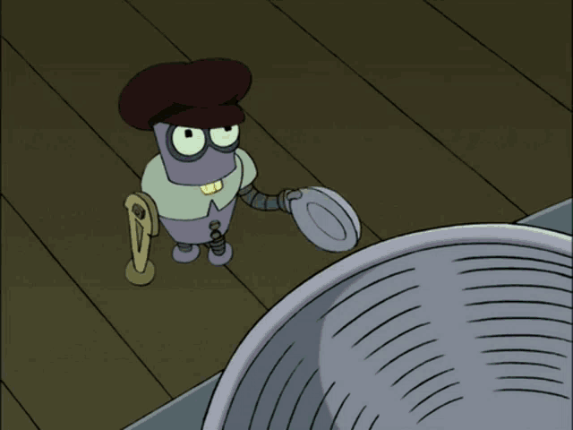 a cartoon of a robot holding a plate and a key