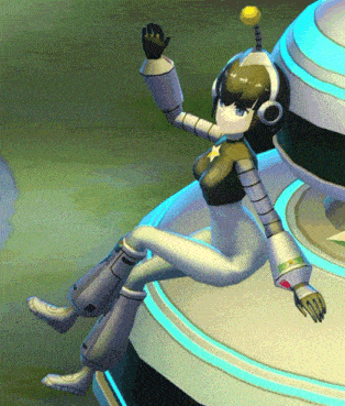 a cartoon character with headphones and a star on her chest sits on a platform