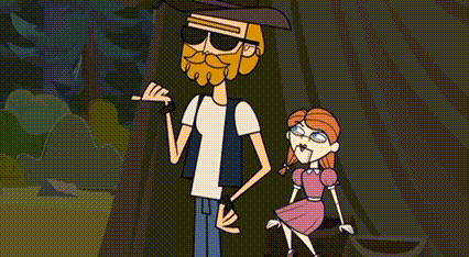 a man and a girl are standing next to each other in a forest .
