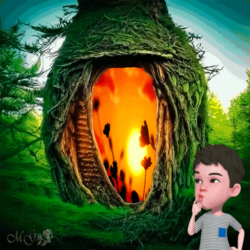 a cartoon boy is standing in front of a tree with a hole in it and the letter m on the bottom