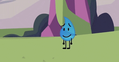 a cartoon character with a sad face is standing in a grassy field .