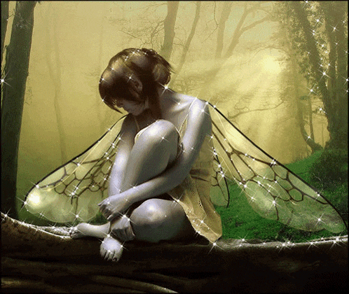 a fairy with wings is sitting on a log in the woods