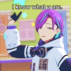 a cartoon character with purple hair and blue streaks is standing in a room .