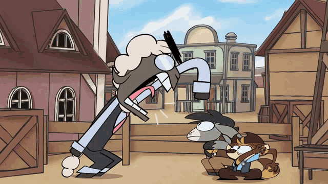 a cartoon drawing of a donkey and a fox in a western town