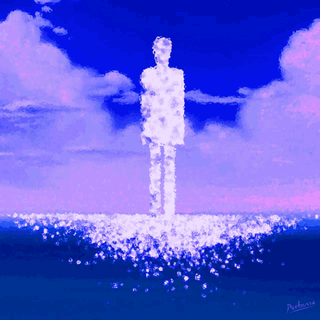 a painting of a person standing in the clouds with the name peterso on the bottom