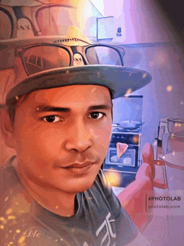 a drawing of a man wearing a hat and glasses with the url photolab.com