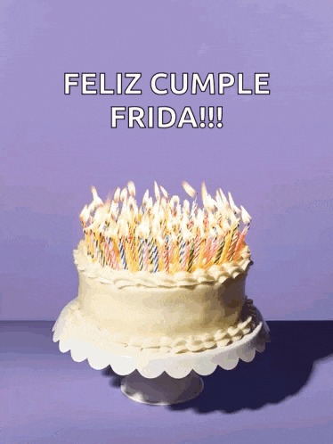 a birthday cake with lots of lit candles and the words feliz cumple frida